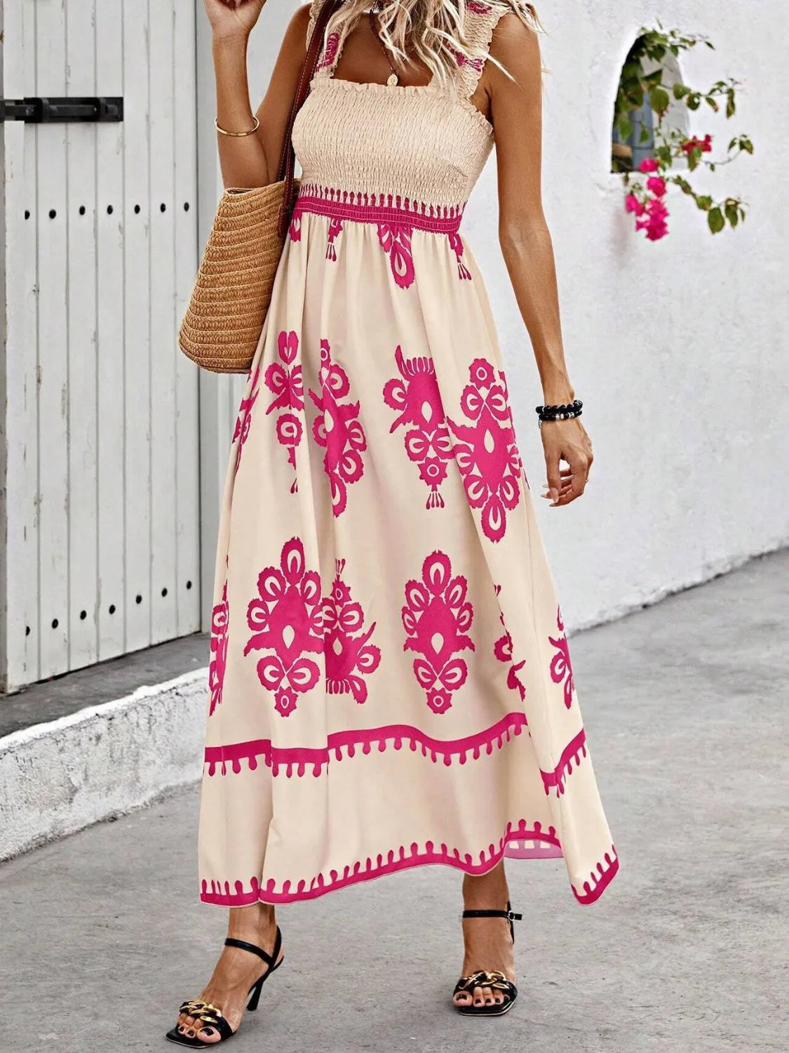 Smocked Printed Wide Strap Maxi Dress - kinko