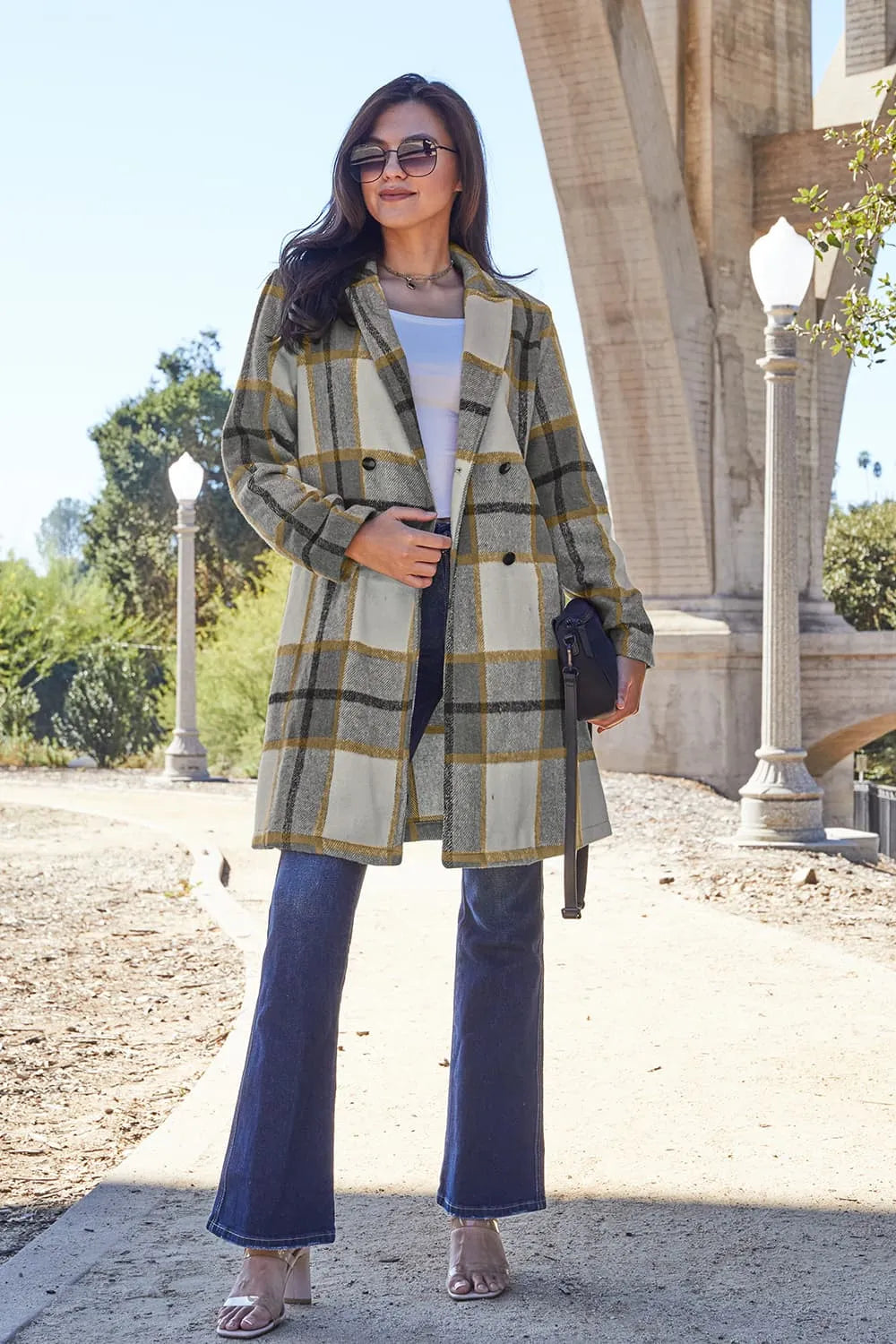Double Take Full Size Plaid Button Up Lapel Collar Coat - kinko