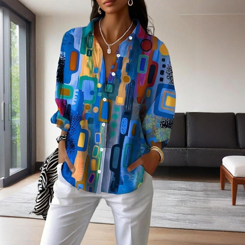 Women's Lapel Collar Printed Long Sleeve Shirt - Vibrant Colorful Pattern Button-Up Blouse Stylish Spring&Summer Vacation Top - kinko