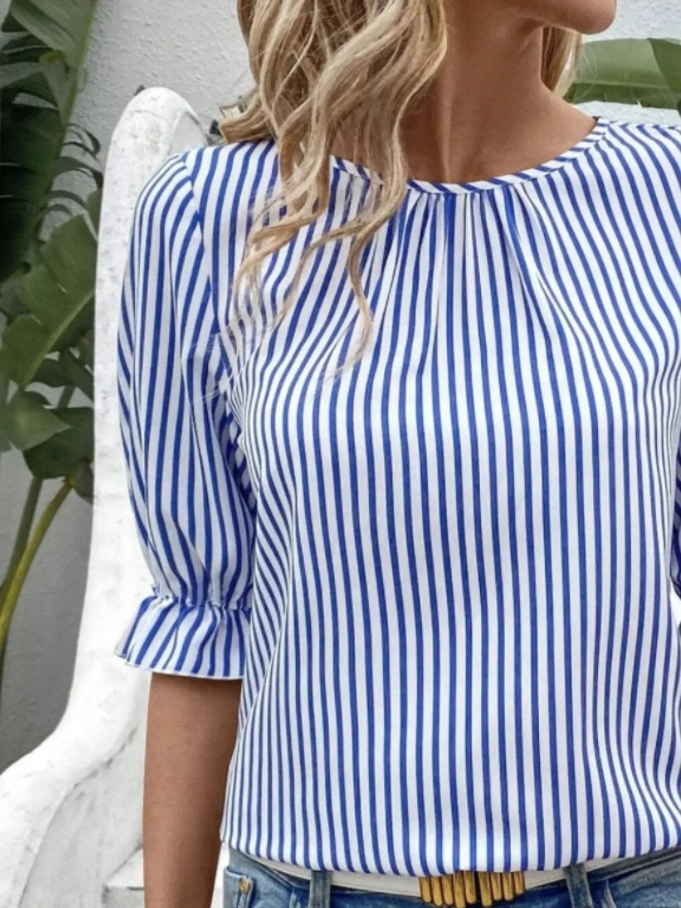 Striped Round Neck Half Sleeve Casual Blouse - kinko