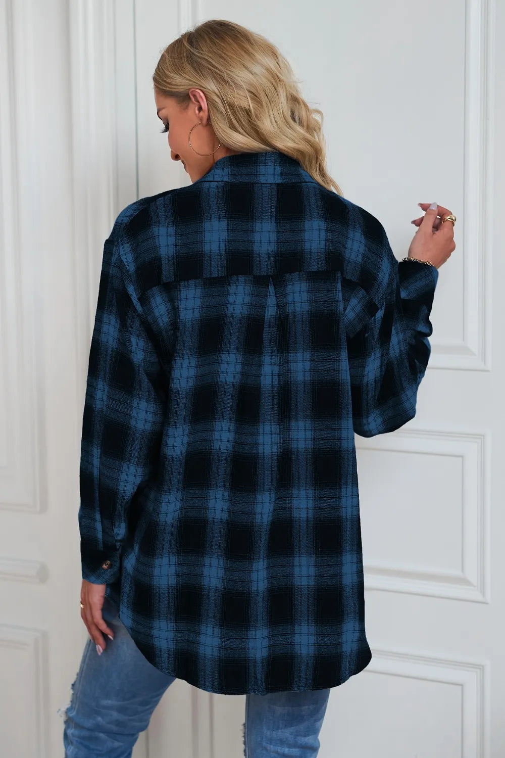 Plaid Button Up Dropped Shoulder Outerwear - kinko
