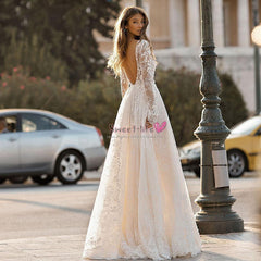 Women's Wedding Dress Lace Long Sleeve Dinner Party Gown - kinko