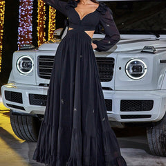 Elegant Chiffon Stitching Midriff Outfit Large Swing Banquet Dress - kinko