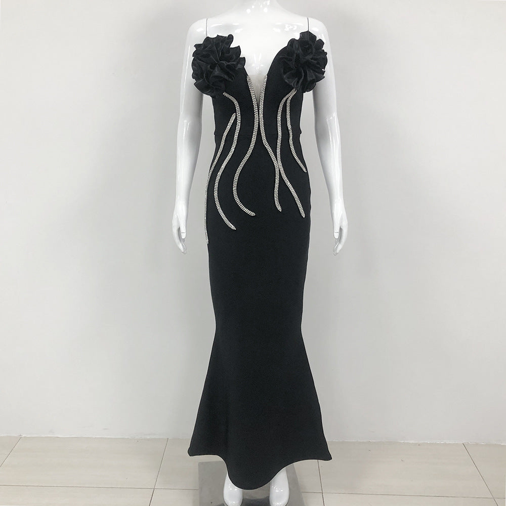 European And American Fashion New Style Temperament Socialite Flower Chain Strapless Long Type Evening Dress - kinko