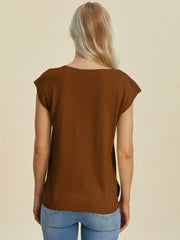 Double Take Full Size Notched Cap Sleeve Knit Top - kinko