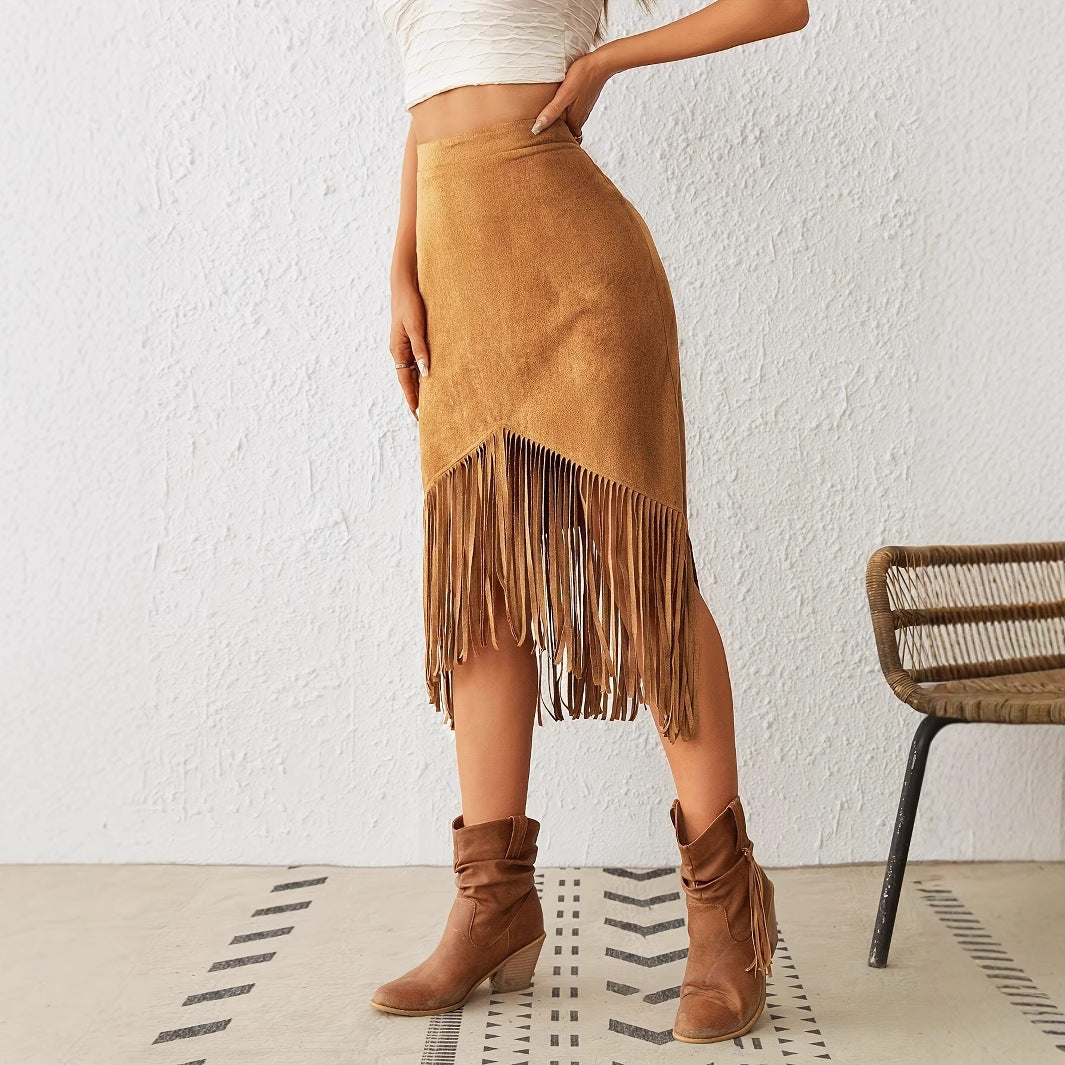Women's Tassel Edge Asymmetrical Hem Solid Color Skirt - kinko