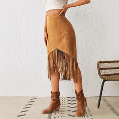 Women's Tassel Edge Asymmetrical Hem Solid Color Skirt - kinko