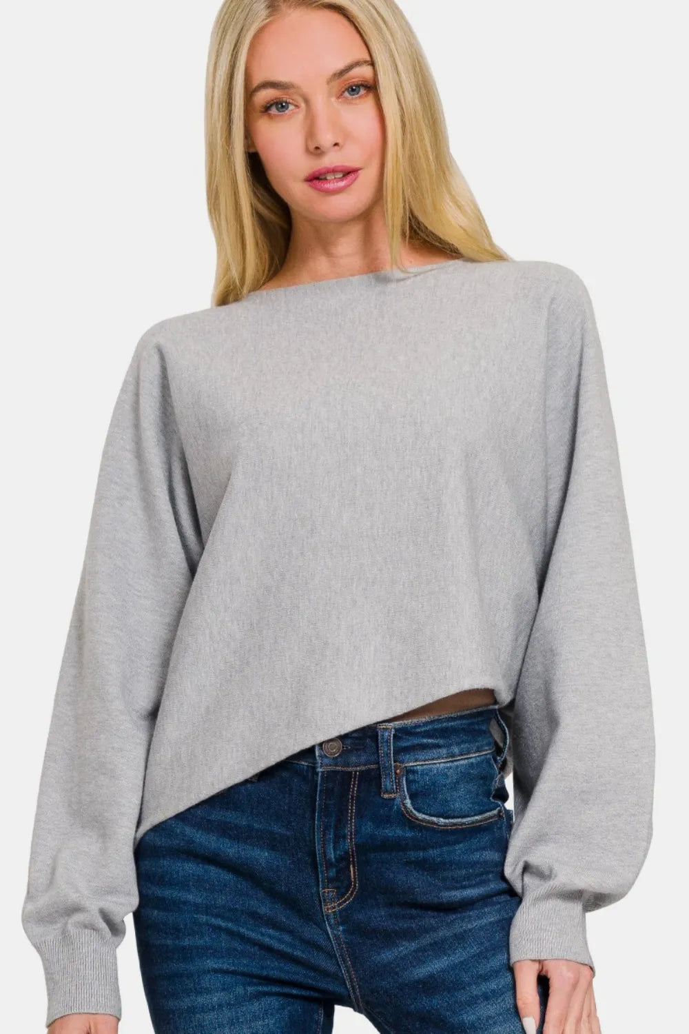 Zenana Asymmetric Hem Long Sleeve Sweater - kinko
