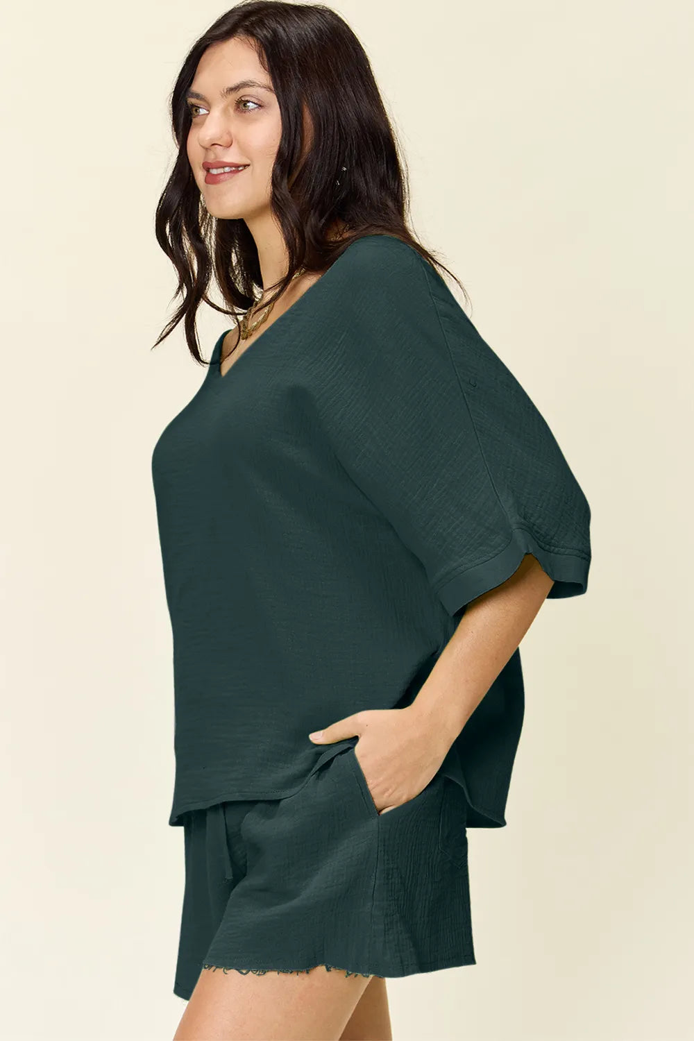 Double Take Texture Half Sleeve T-Shirt and Drawstring Shorts Set - kinko