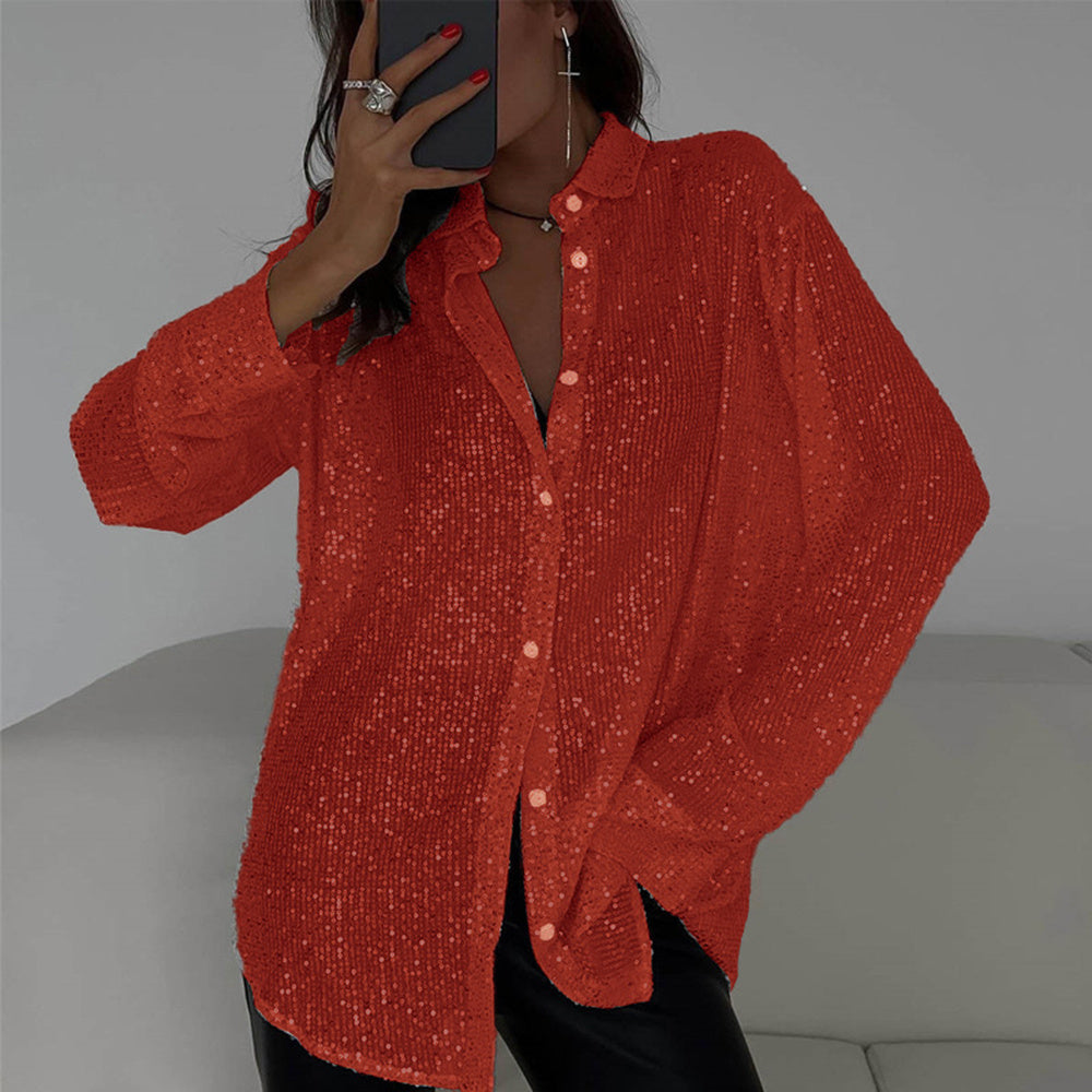 Elegant Women's Sequin Shirt - Stylish Long Sleeve Button-Up Blouse With Glitter Details, Perfect For Party & Casual To Formal Wear - kinko