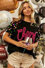 BiBi Metallic Letter Spangle Raglan Puff Sleeve Top - kinko