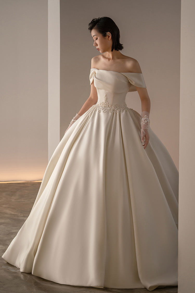 Women's Satin Off-shoulder Retro Fashion Trailing Wedding Dress - kinko