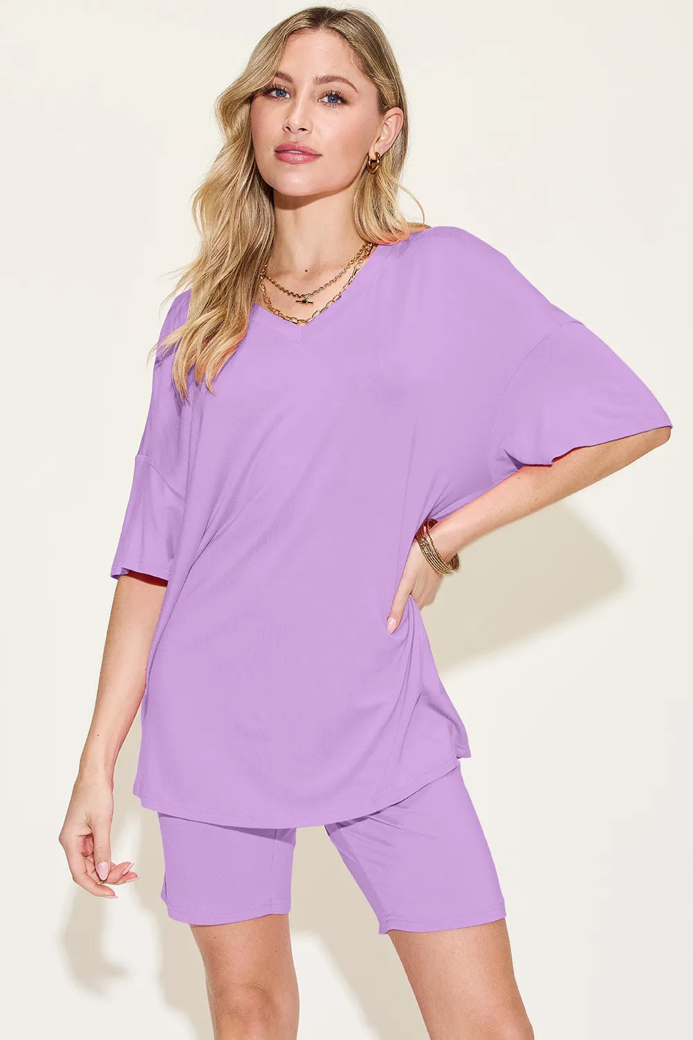 Basic Bae Bamboo Full Size V-Neck Drop Shoulder T-Shirt and Shorts Set - kinko