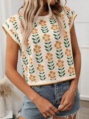 Flower Round Neck Short Sleeve Knit Top - kinko