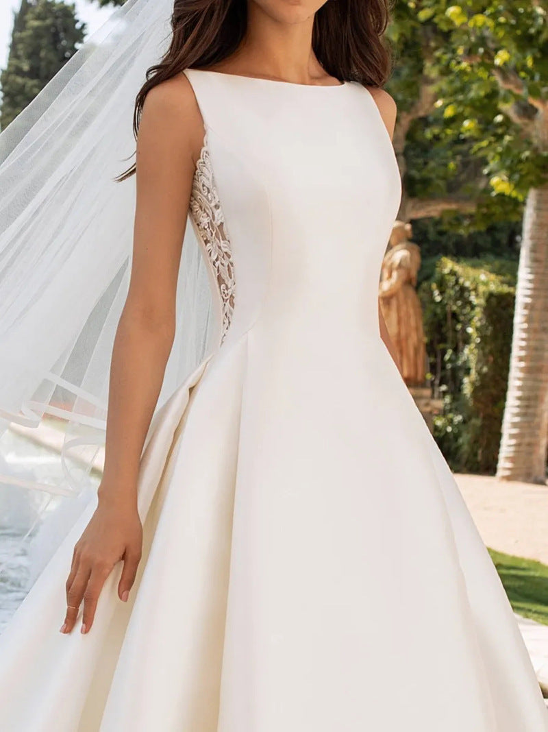 French Retro Lace Advanced Texture Satin Slim Bridal Simple Elegant Trailing Wedding Dress - kinko