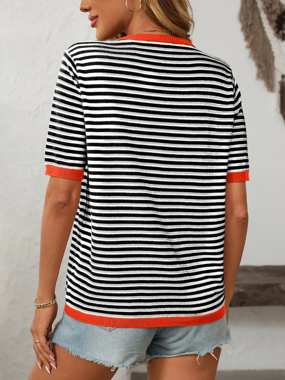 Mandy Striped Round Neck Half Sleeve Knit Top - kinko