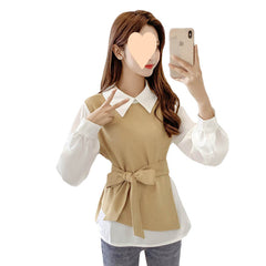 All-matching Fitted Waist Flattering Shirt Graceful Collar Chiffon Shirt Top - kinko