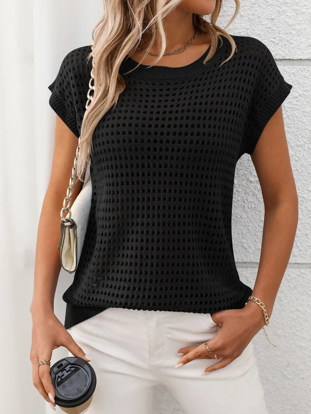 Openwork Round Neck Short Sleeve Knit Cover Up - kinko
