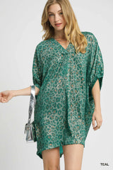 Umgee Metallic Leopard Print V-Neck Kimono Dress - kinko