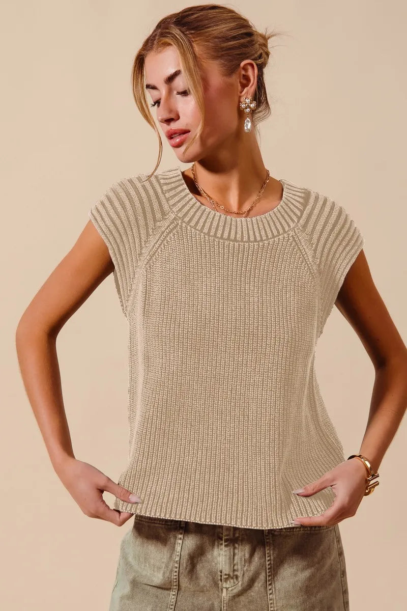 SO ME Mineral Washed Raglan Sleeveless Sweater Top - kinko