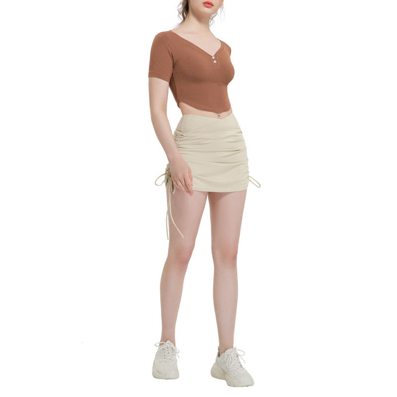 Drawstring High Top Sports Short Skirt Women's Running Anti-exposure Yoga Shorts - kinko