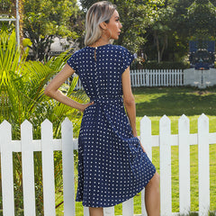 Summer Women Polka Dot Short Sleeve Dress Casual Bandage Party Pleated Midi Dresses Elegant Green Office Lady Clothing - kinko
