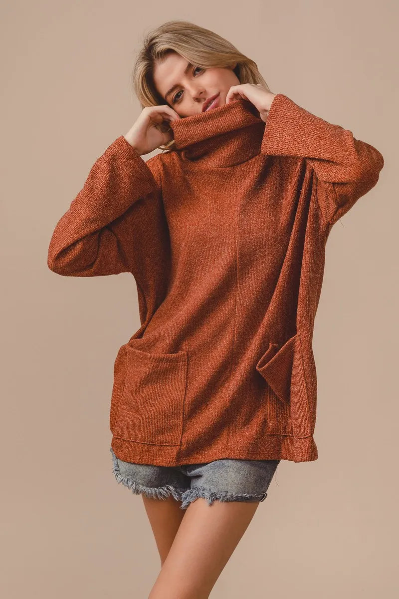 BiBi Piper Rib Double Pocket Turtle Neck Sweater - kinko