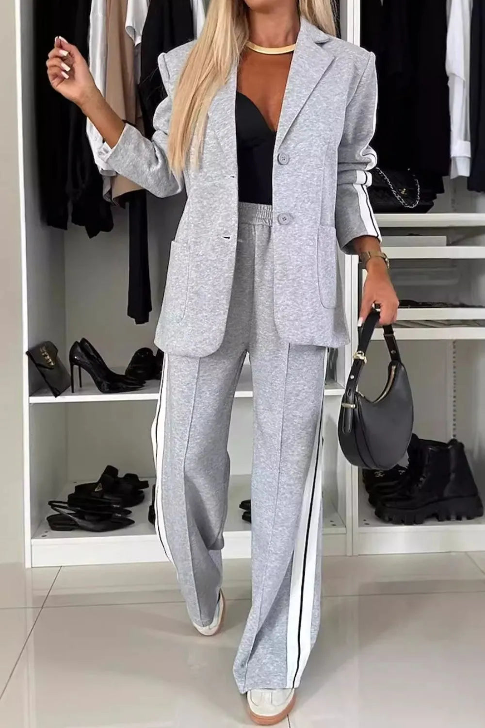 Full Size Contrast Lapel Collar Top and Pants Set - kinko