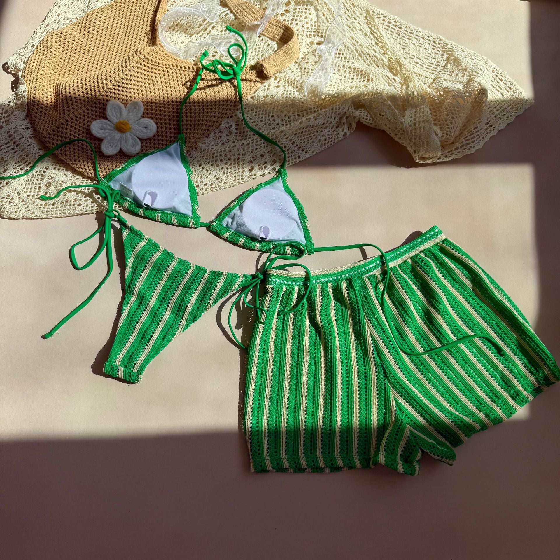 Sexy Lace up Striped Three Piece Swimsuit Bikini - kinko Global Holdings inc