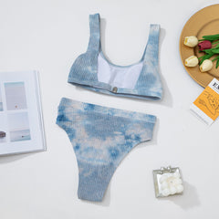 Sexy Blue White Blooming Vest U Collar High Waist Bikini