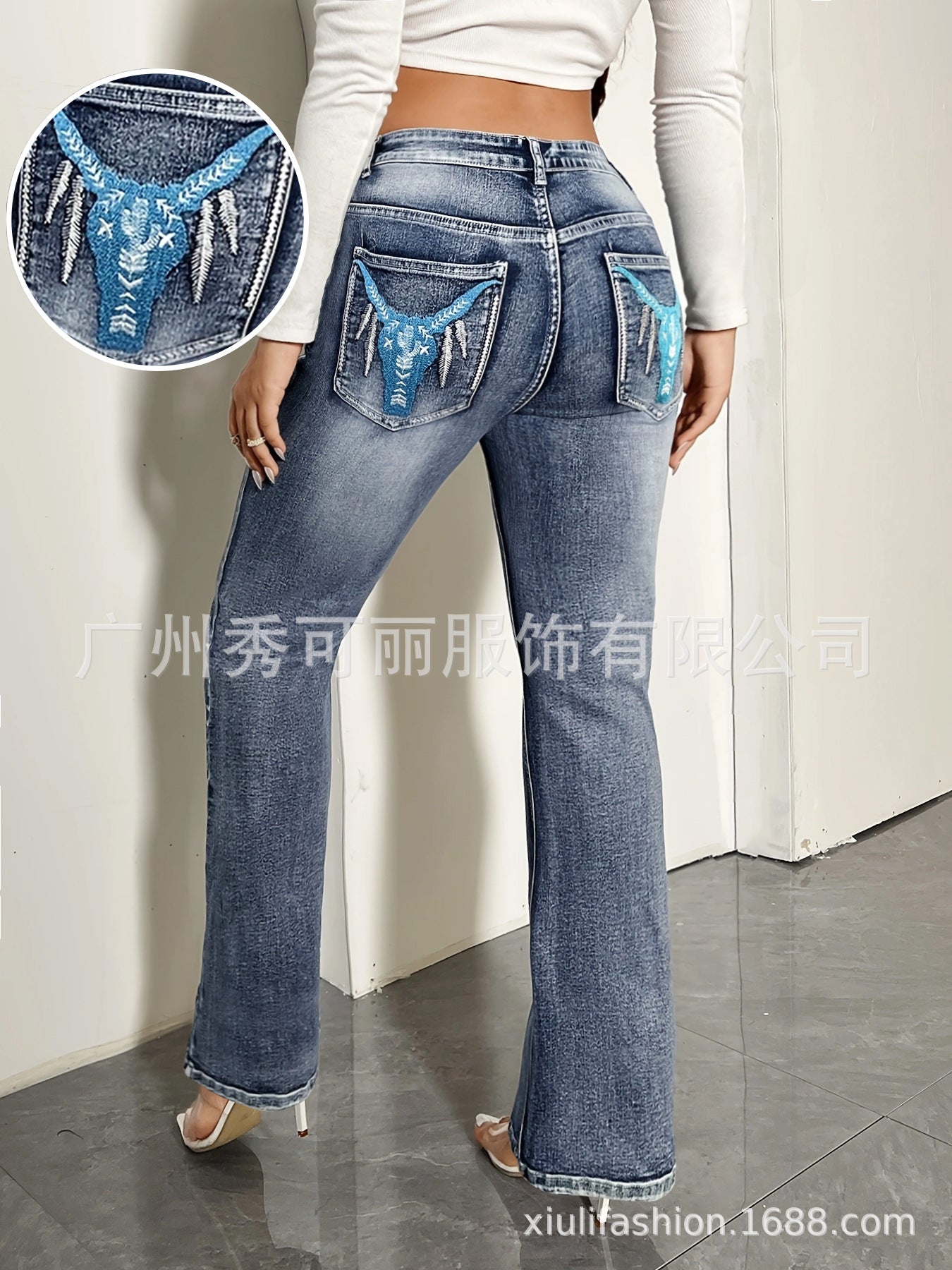 Ladies Micro Trumpet Jeans Pocket Embroidery Stretch Bootcut Pants - kinko Global Holdings inc