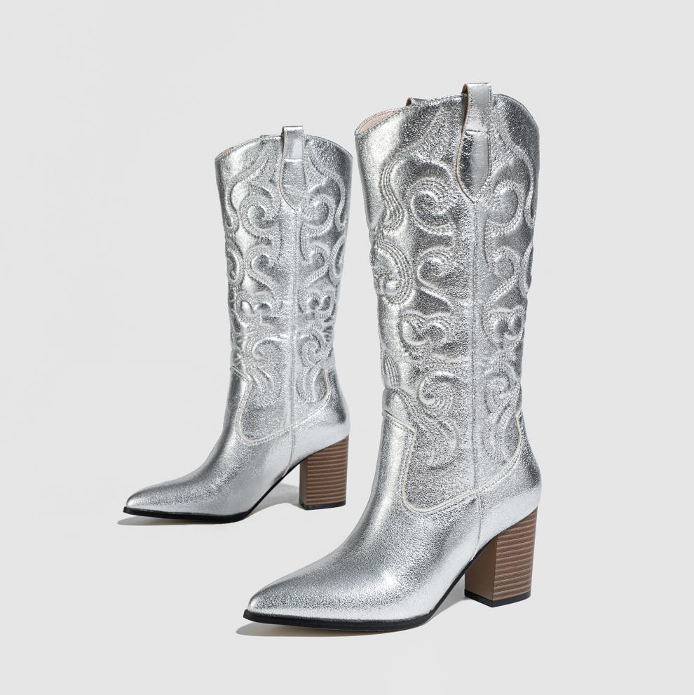 Knee High Boots Thick Sponge Soft Embroidered Floral Personality Pointed Chunky Heel High Heel plus Size Boots Ethnic - kinko Global Holdings inc