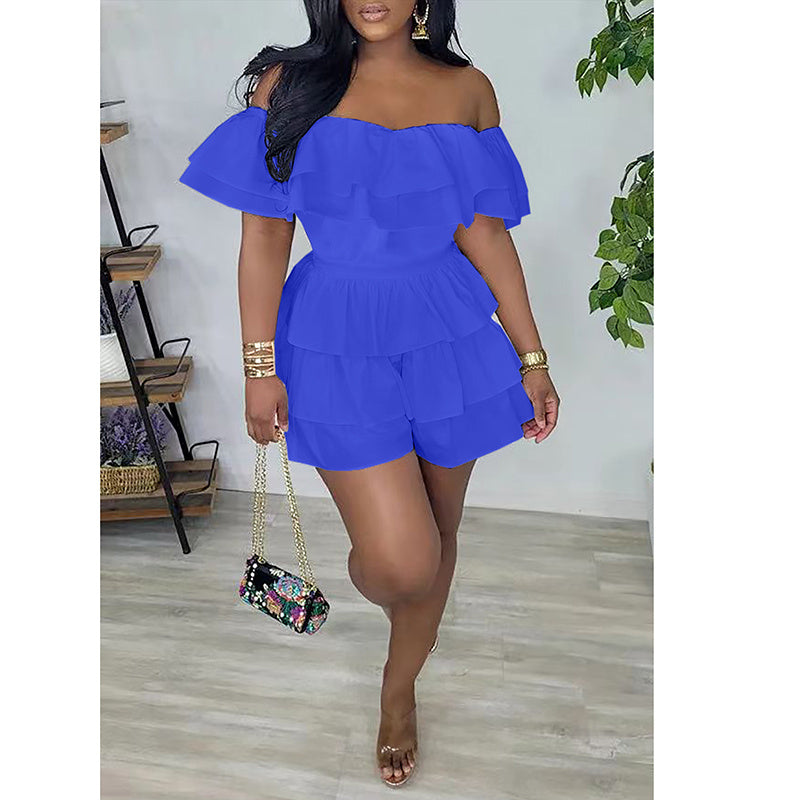 Womens Sexy Off Shoulder Rompers Summer Ruffle Short Sleeve Tiered Short Jumpsuits - kinko