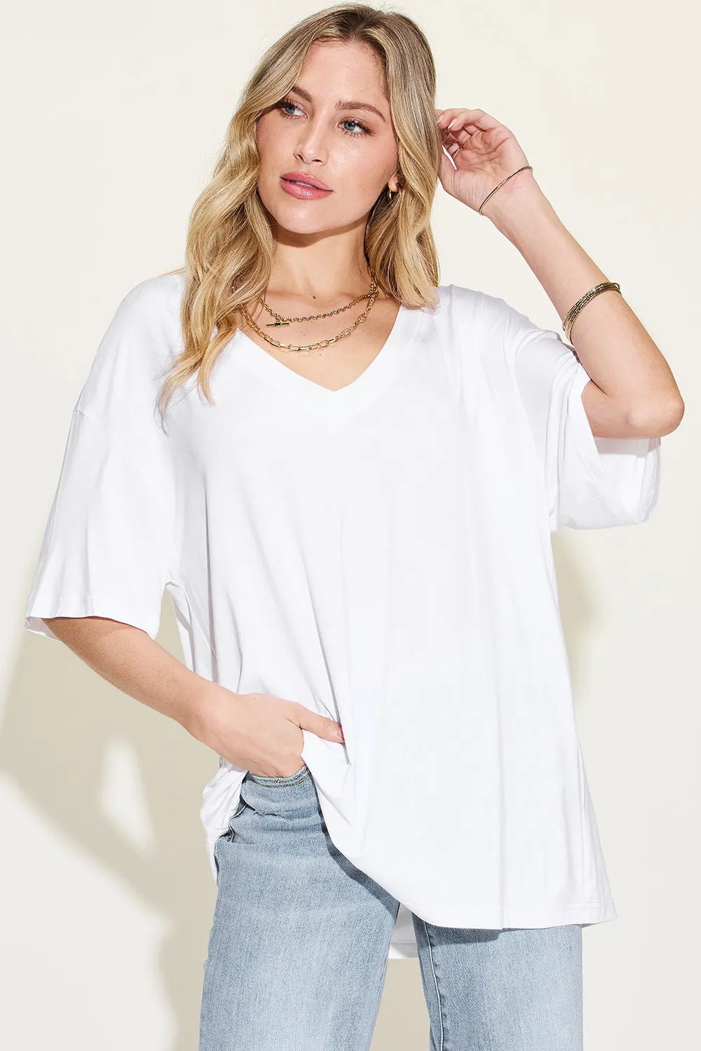 Basic Bae Full Size Bamboo V-Neck Drop Shoulder T-Shirt - kinko
