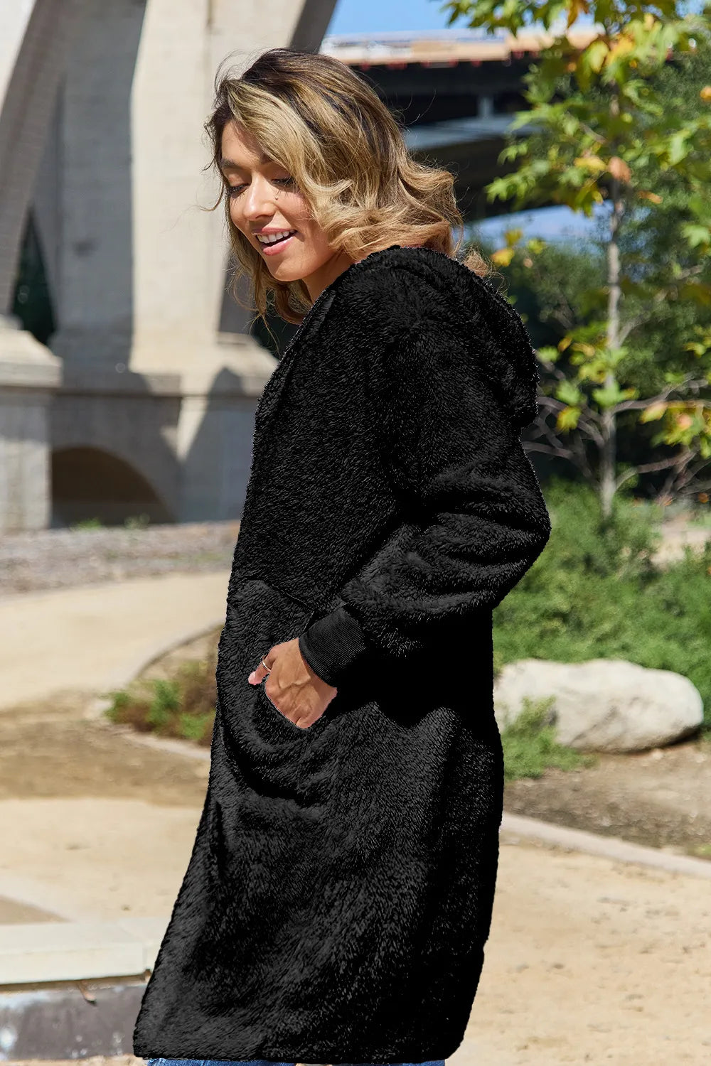 Double Take Full Size Hooded Teddy Bear Jacket with Thumbholes - kinko