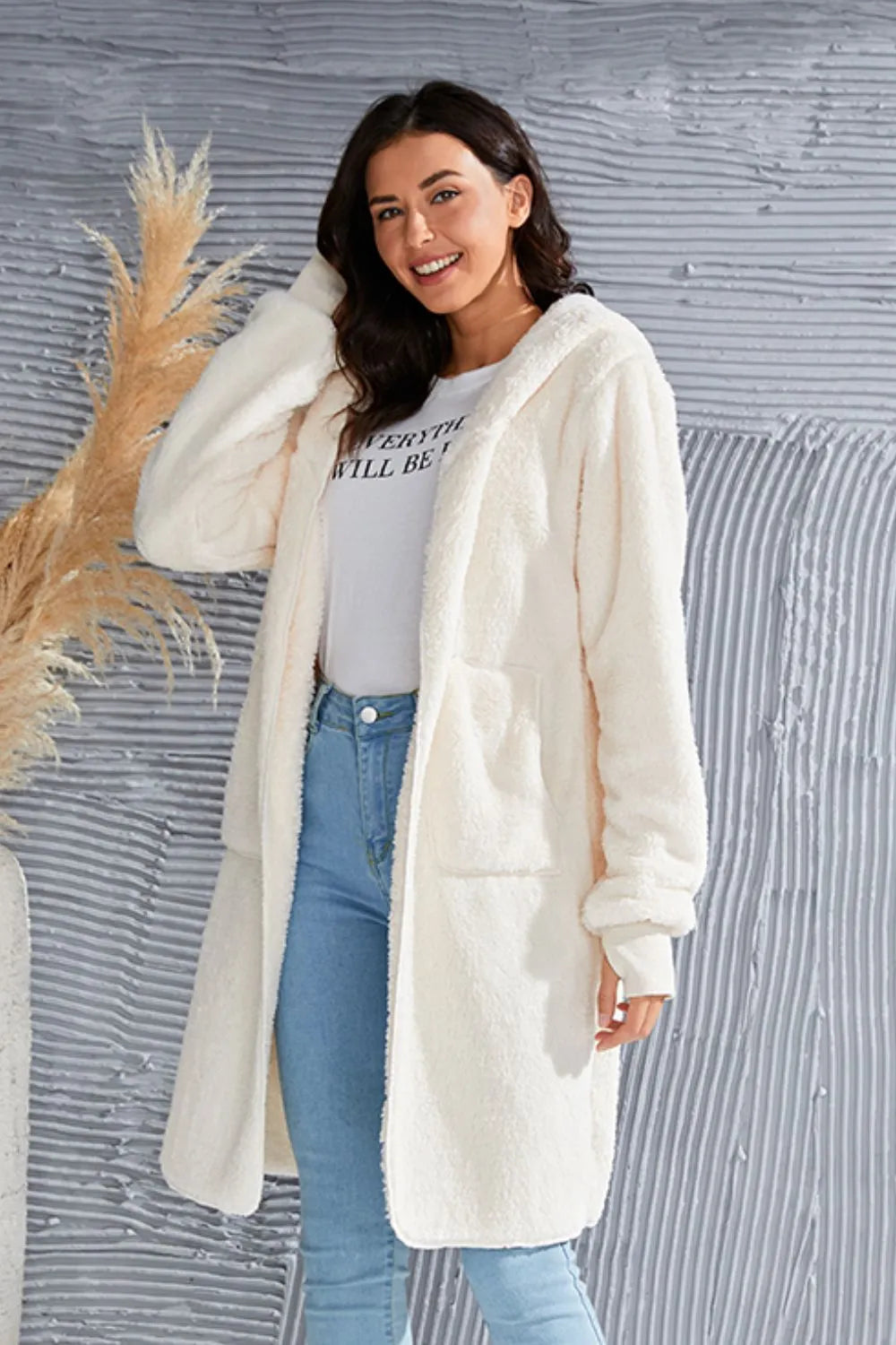 Double Take Full Size Hooded Teddy Bear Jacket with Thumbholes - kinko