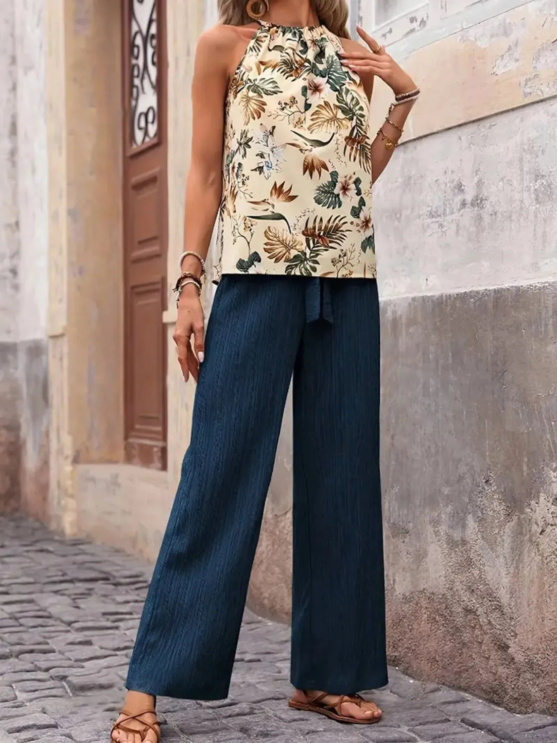 Printed Tank Top and Wide Leg Pants Set - kinko