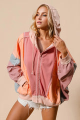 Double Take Full Size Color Block Zip Up Hoodie - kinko