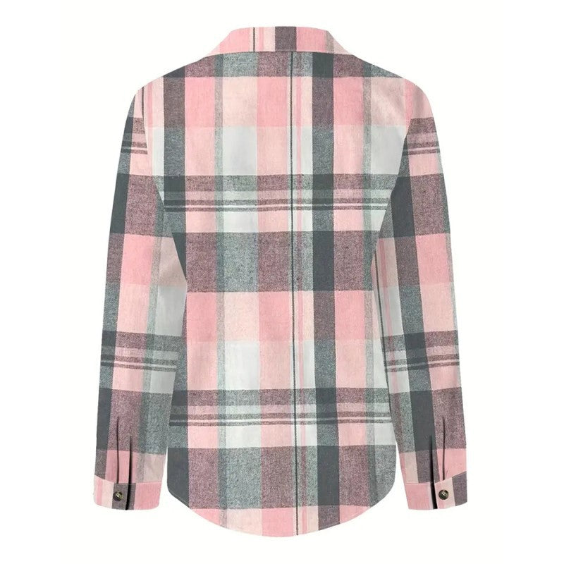 Women's Casual Plaid Long Sleeve Shirt - Button-Down Top With Chest Pocket, Classic Lapel Collar For Office & Weekend Wear - kinko