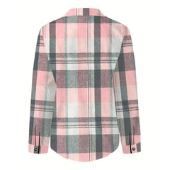 Women's Casual Plaid Long Sleeve Shirt - Button-Down Top With Chest Pocket, Classic Lapel Collar For Office & Weekend Wear - kinko