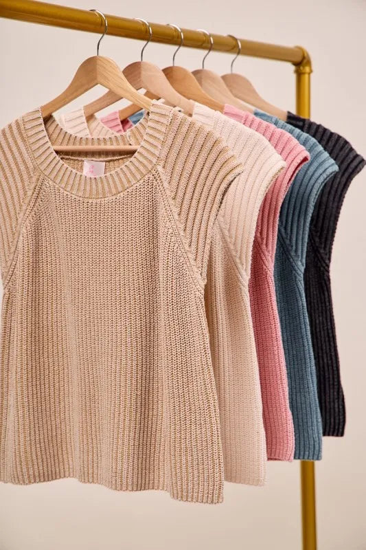 SO ME Mineral Washed Raglan Sleeveless Sweater Top - kinko
