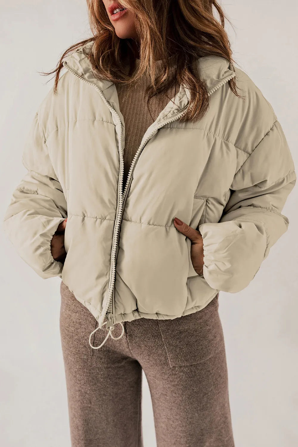 Zip Up Collared Neck Long Sleeve Winter Coat - kinko