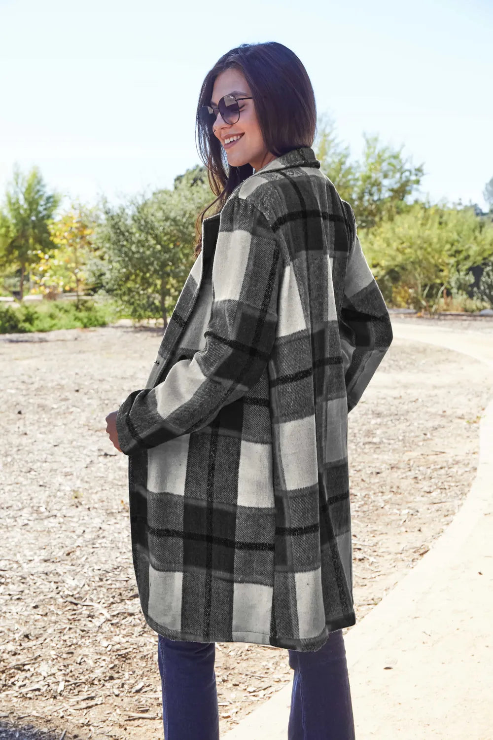 Double Take Full Size Plaid Button Up Lapel Collar Coat - kinko