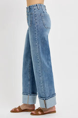 RISEN High Rise Ankle Wide Button Patch Pocket Cuffed Jeans - kinko