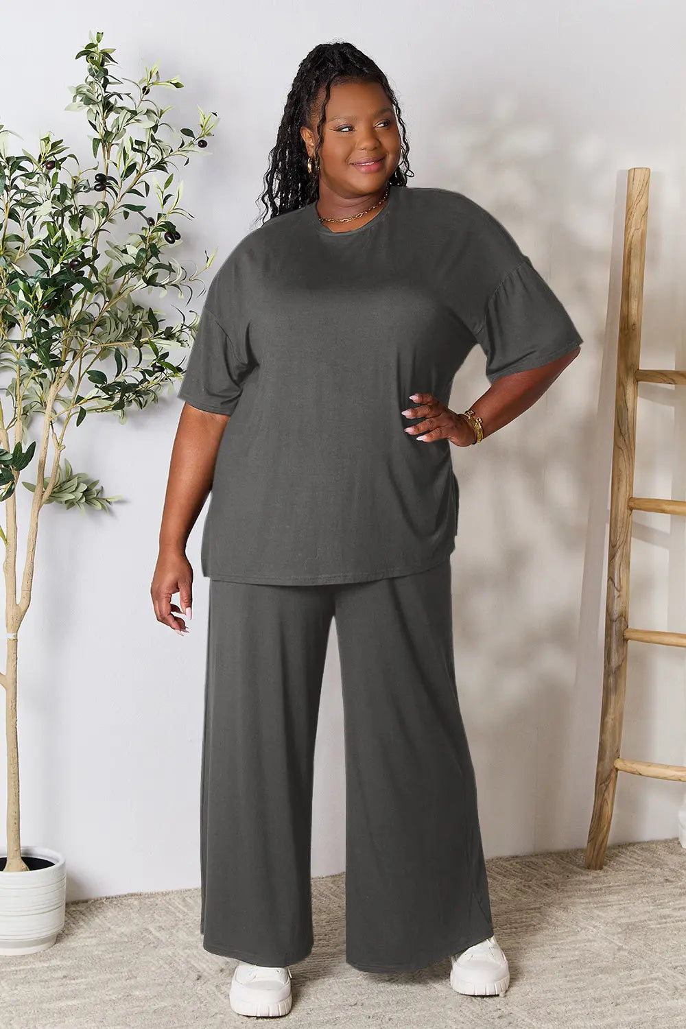 Double Take Full Size Round Neck Slit Top and Pants Set - kinko
