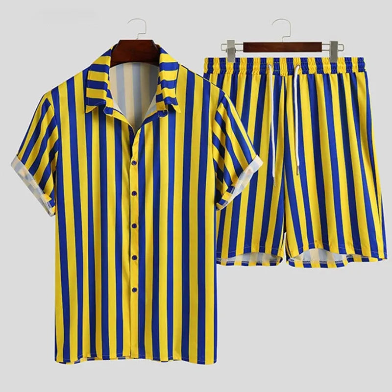 Men's Full Size Striped Button Up Shirt and Shorts Set Plus Size - kinko