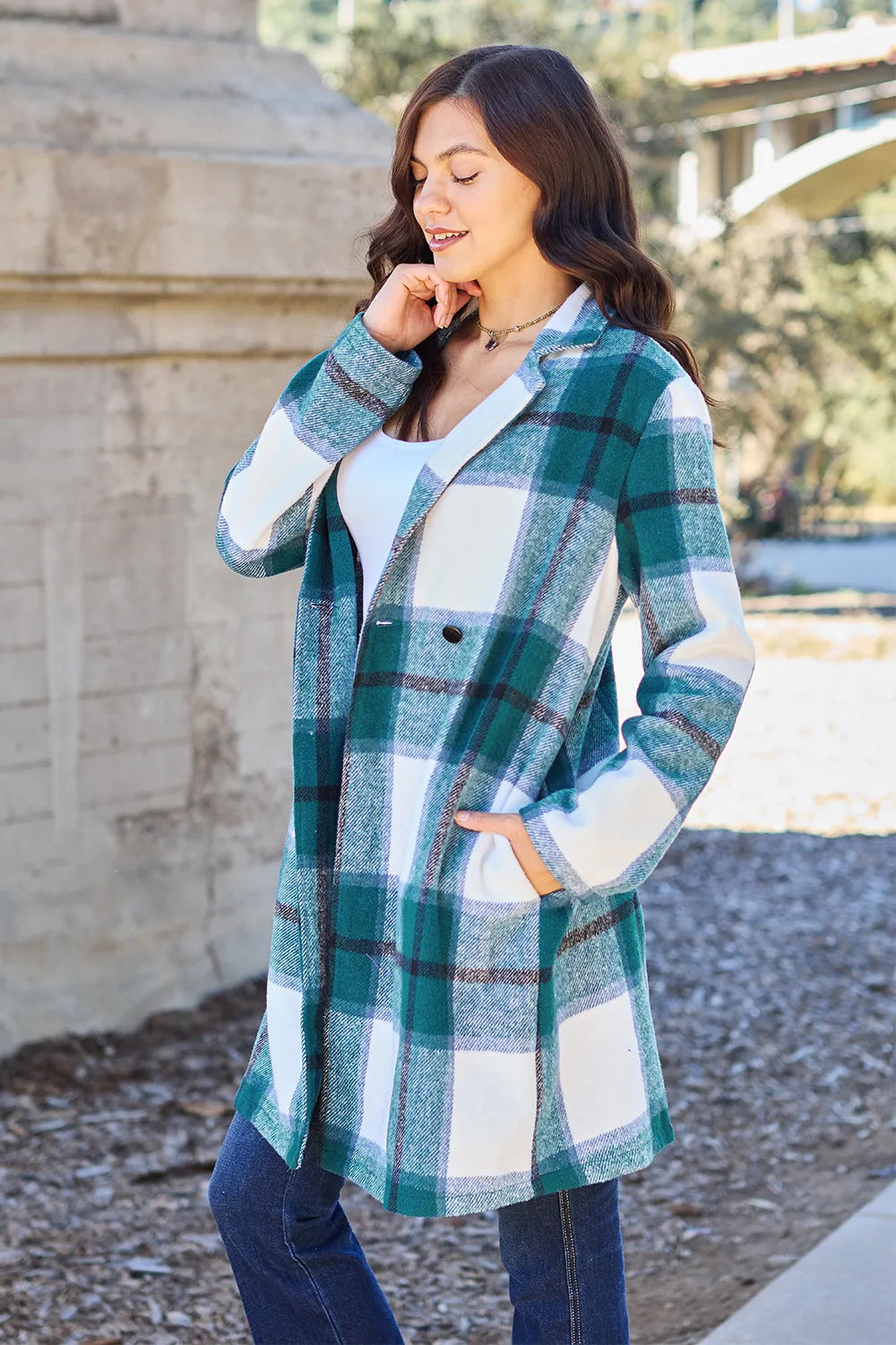 Double Take Full Size Plaid Button Up Lapel Collar Coat - kinko