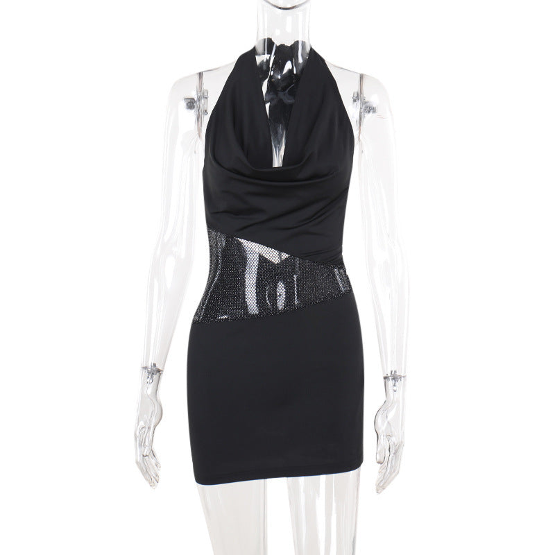 Sexy Slim Deep U-neck Dress With Sequin Mesh Patchwork Design Ins Fashion Halter Short Dresses Women's Clothing - kinko