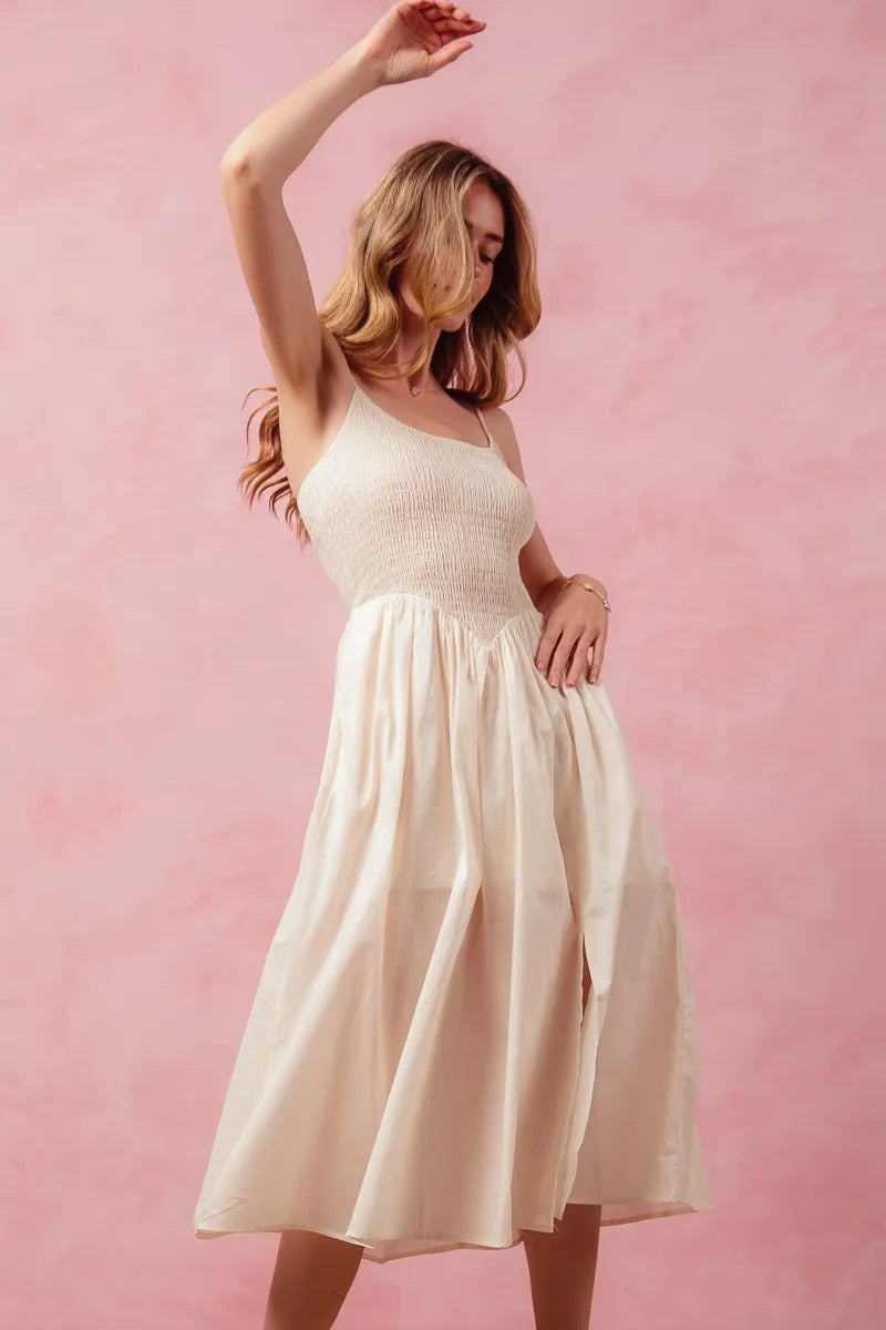 SO ME Smocked Sleeveless Casual Everyday Dress With Slit - kinko