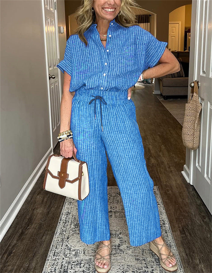 Women's Striped Suit Lapel Short Sleeve Straight Idle Style Trousers - kinko